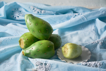 Exotic snack from desert. Tuna fruit or prickly pear cactus.
