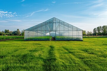 Obraz premium An outdoor greenhouse on green grass blocks insects from damaging organic vegetables