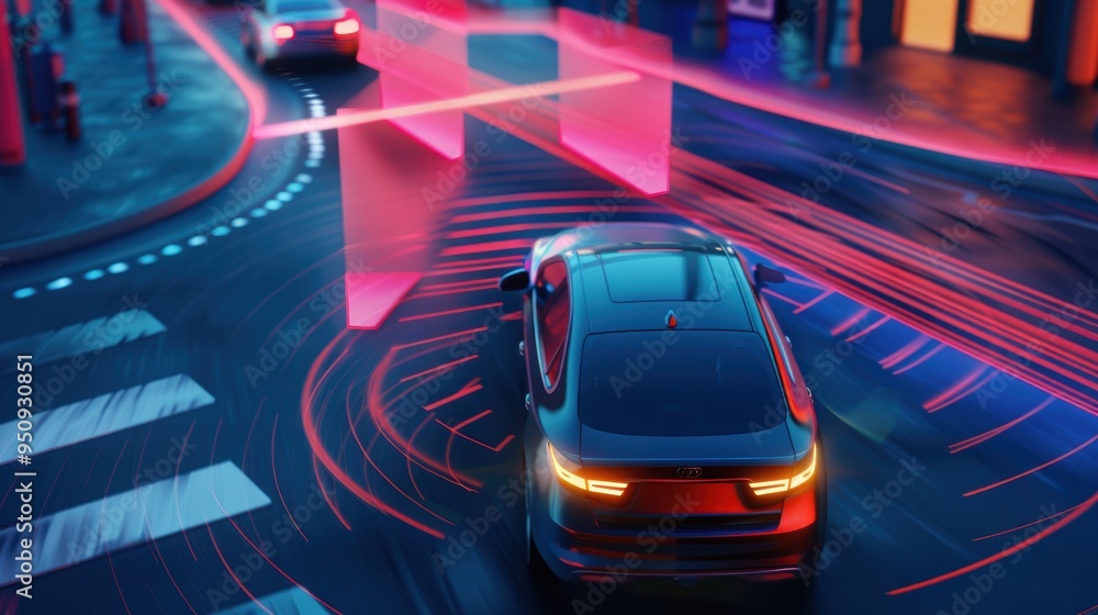 Poster car is using sensors and ai to navigate a smart city at night