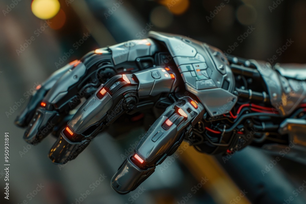 Poster close-up shot of a robotic hand with glowing red lights, suitable for futuristic or technology-theme