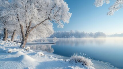 Frosty mornings by the lake, with snow-covered trees, frosty ground, and a clear winter sky, creating a serene winter landscape, Serene, Cool Tones, Wide Angle