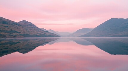 A calm lake at dawn, with mountains reflected in the still water and a pink sky overhead
