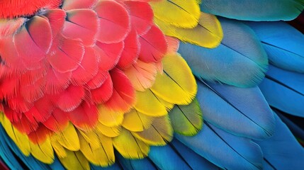 A close-up of a colorful parrot's feathers, showcasing the vibrant patterns and textures in high detail