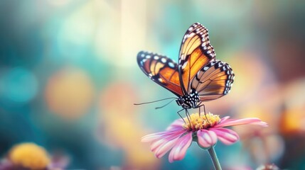 Fototapeta premium A close-up of a vibrant butterfly perched on a colorful flower, against a soft, blurred background