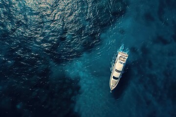 Ariel view of white yacht in blue sea taken by drone
