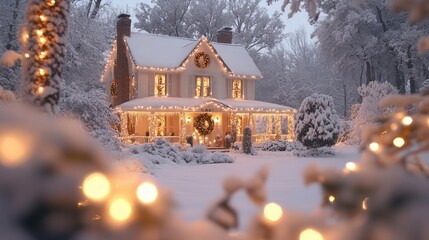 Holiday decorations adorning a snow-covered home, with twinkling lights and festive wreaths, Festive, Warm Glow, Detailed
