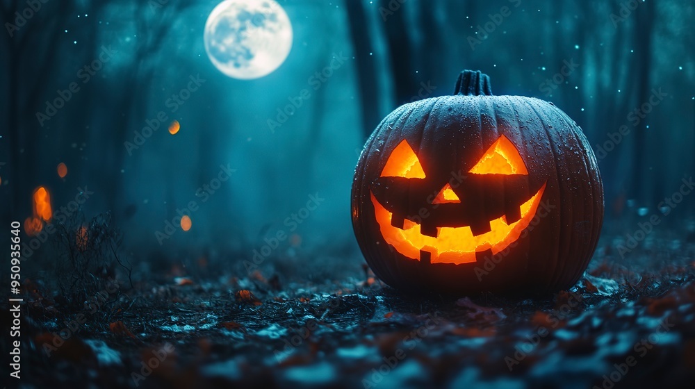 Poster a pumpkin head jack lantern set against a backdrop of a spooky forest and a full moon. Haunted house dark night halloween festival holiday trick or treat -