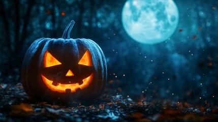 Fototapeta premium a pumpkin head jack lantern set against a backdrop of a spooky forest and a full moon. Haunted house dark night halloween festival holiday trick or treat