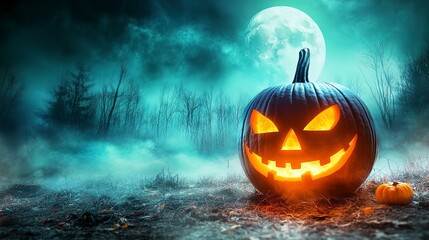 a pumpkin head jack lantern set against a backdrop of a spooky forest and a full moon. Haunted house dark night halloween festival holiday trick or treat