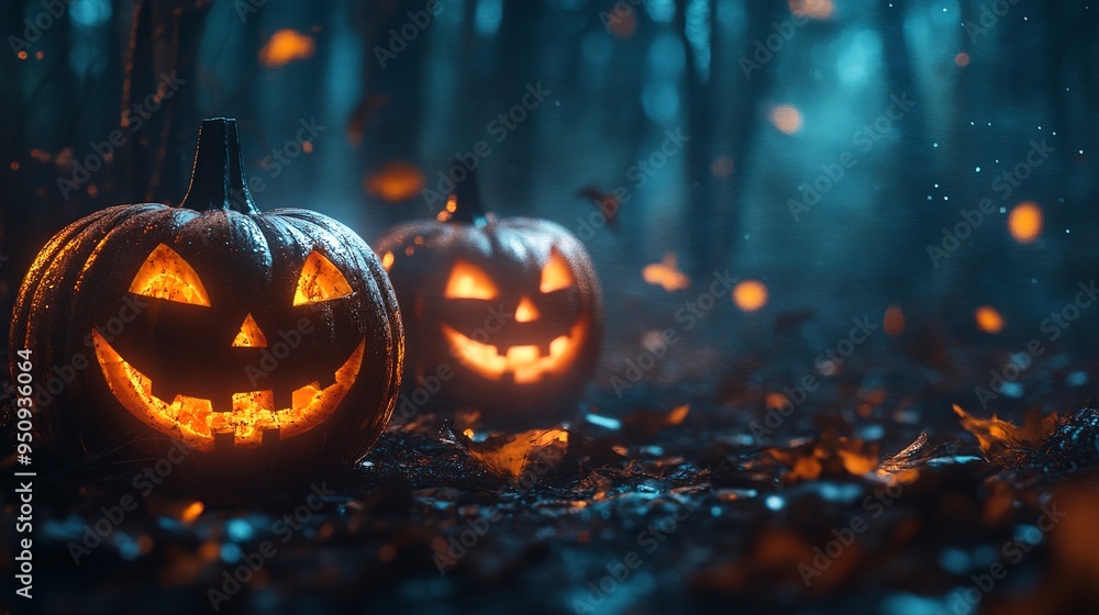 Canvas Prints Halloween pumpkins in the forest at night.Halloween background with Evil Pumpkin. Spooky scary dark Night forest. Holiday halloween banner background