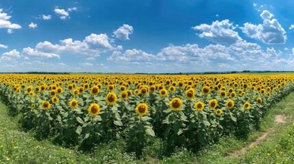 A panoramic view of a sunflower field under a bright blue sky, with the flowers in full bloom