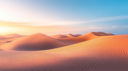 A serene desert landscape with sand dunes, softly lit by the setting sun, under a cloudless sky