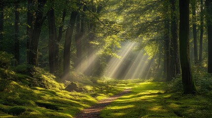 Naklejka premium A peaceful forest scene with sunlight filtering through the trees, casting dappled shadows on a mossy path