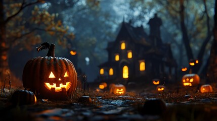 Halloween background with pumpkins and haunted house - 3D render. Halloween background with Evil Pumpkin. Spooky scary dark Night forrest. Holiday event halloween banner background concept