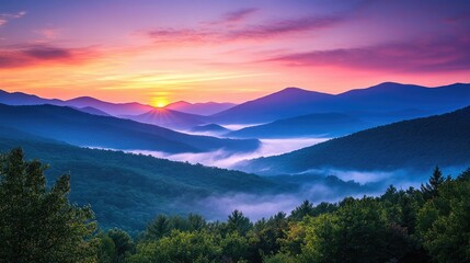 Fototapeta premium A serene mountain landscape at sunrise, with mist rolling over the peaks and vibrant colors in the sky