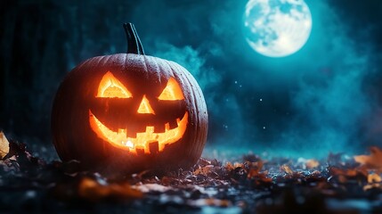 Naklejka premium A spooktacular halloween night with glowingly carved pumpkin under moonlight