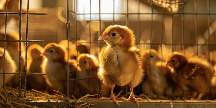 ISA Brown day old pullet chicks in the cage rearing setup