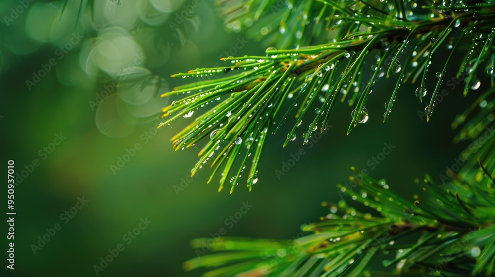 Poster a close-up shot of a pine tree branch covered in water droplets, great for backgrounds or adding tex