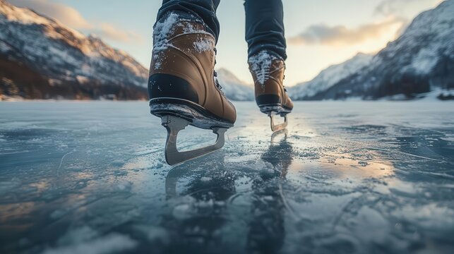 Ice skating on a frozen lake, with snow-covered mountains in the background, Dynamic, Cool Tones, Wide Angle