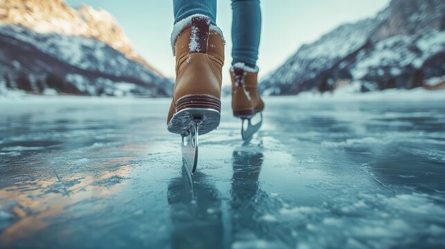Ice skating on a frozen lake, with snow-covered mountains in the background, Dynamic, Cool Tones, Wide Angle