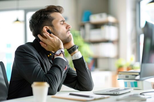 A person sitting at a desk feeling stressed or overwhelmed, can be used for editorial purposes such as news articles or social media posts