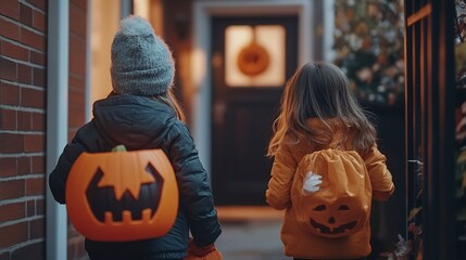 Trick or treat Show kids going door to door interacting with other kids and friendly neighbors wear scary halloween 
