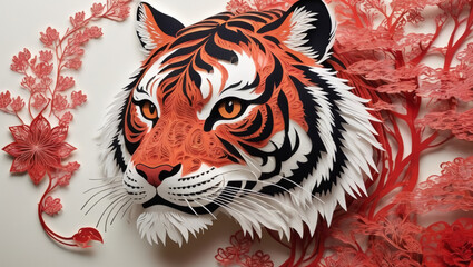 intricate Japanese paper cut art of tiger