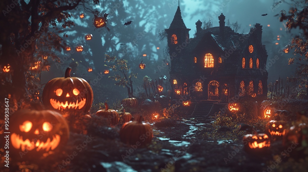 Wall mural Halloween background with pumpkins and haunted house - 3D render. Halloween background with Evil Pumpkin. Spooky scary dark Night forrest. Holiday event halloween banner background concept 