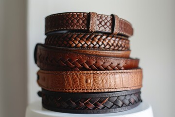 Assorted leather belts made from Bison Calfskin Nylon and other genuine leathers including dress braided stretch and casual styles