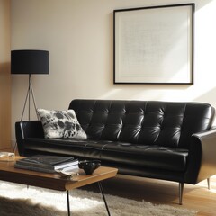 Stunning Leather Sofa in Small Modern Minimalist Living Room: A Chic and Elegant Visual Delight. Showcasing the Simplicity and Style of Contemporary Interior.