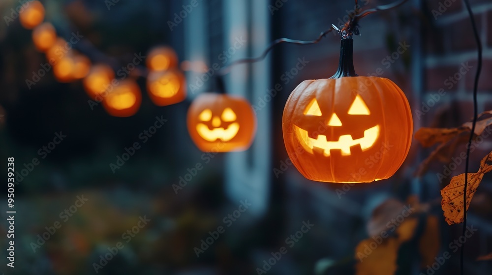 Sticker String of glowing jack o' lantern lights hanging outdoors for halloween celebration