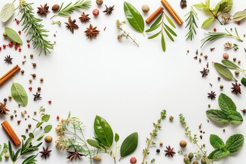 Fototapeta premium Assorted spices and herbs on white background with empty space Top view flat lay frame