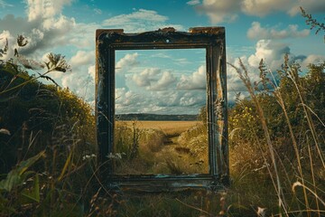 A mirror sitting in the middle of a field