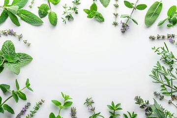 Fototapeta premium Assortment of fresh herbs arranged creatively on white background Top view flat lay Healthy eating and alternative medicine theme