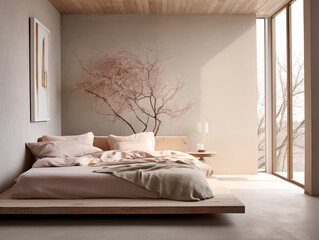 Wabi sabi japanese style rustic interior in with wood, pottery and texture elements in berry tones