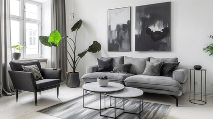 Contemporary Chic: Scandinavian Home Interior with Gray Sofa, Marble Stool, and Modern Touches 