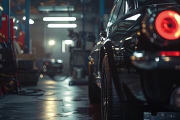 Auto repair shop with blurred background and bright lighting