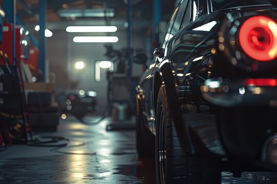 Auto repair shop with blurred background and bright lighting