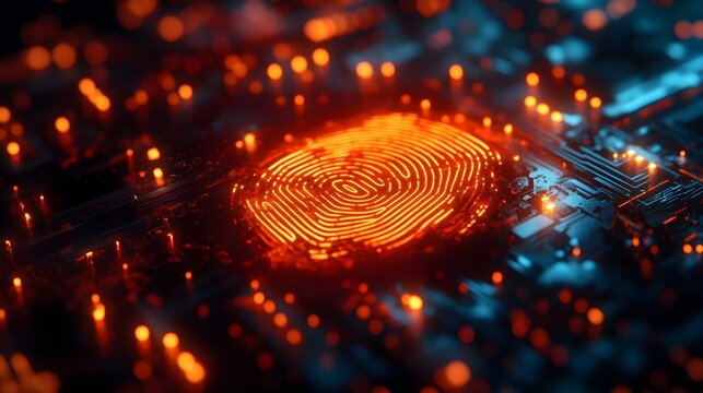 AI circuits merging with a digital fingerprint in double exposure, conveying voice recognition technology, with holographic and metallic textures--style raw