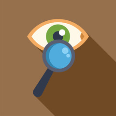 Magnifying glass is focusing on a green open eye, symbolizing concepts like vision analysis, medical research or detailed observation