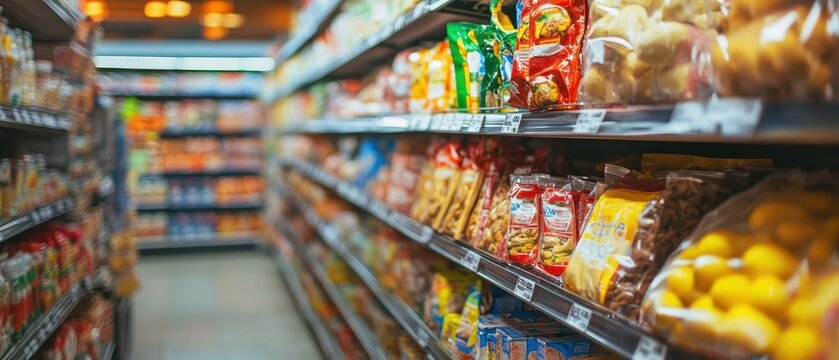 Vibrant Supermarket Aisle with Diverse Snacks and Groceries
