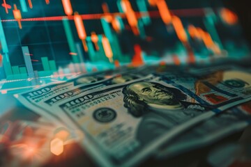 Stacks of hundred-dollar bills with a digital overlay of stock market data, symbolizing the connection between currency, financial markets, and the flow of global investments
