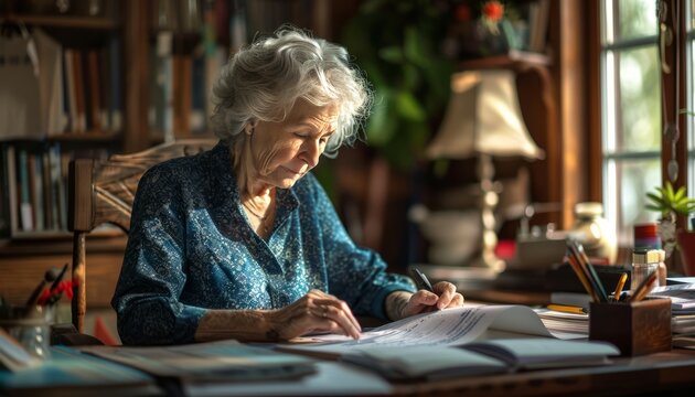 Senior woman writing at a desk by the window, symbolizing knowledge, experience, lifelong learning, and the importance of staying informed in personal finance and investment planning