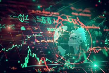 Obraz premium Global stock market data overlaying a digital globe, symbolizing the interconnectedness of world markets, financial analysis, and the impact of global trading on the economy