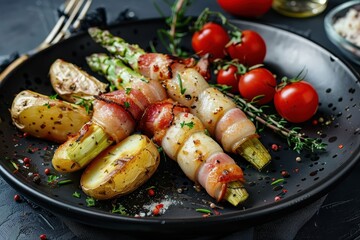 Bacon wrapped white asparagus with potatoes and tomatoes on black plate close up shot