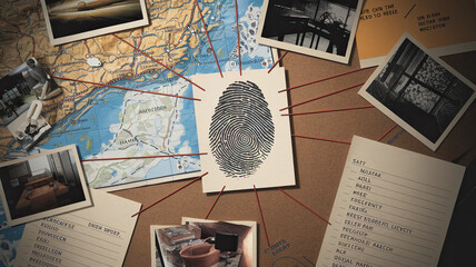Detective board with fingerprints, photos, map, and clues connected by red string, showcasing a complex investigation scene with cinematic effects, highlighting crime-solving, mystery