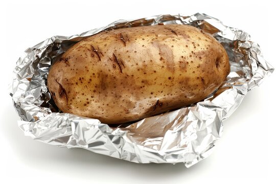 Baked potato in foil on white background with space for text Spuds are underground vegetable with carbs