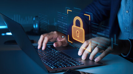 Hacker or Cybersecurity Professional Working on Laptop with Digital Padlock Symbol for Security or Data Protection on Dark Background, Technology, Cybersecurity, Data Safety, Security Measures