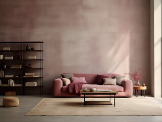 Wabi sabi japanese style rustic interior in with wood, pottery and texture elements in berry tones