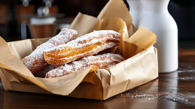 Delicious freshly made churros dusted with powdered sugar served with a side of milk